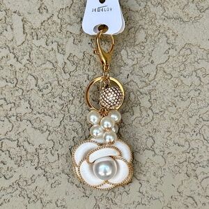 Luxe White Flower Gold Accented Keychain/ Bag Charm
